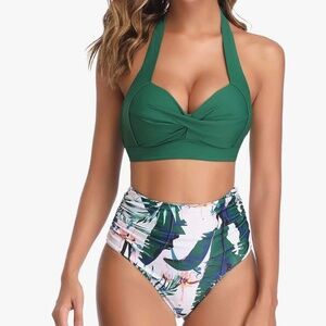 Two Piece Floral Vintage Swimsuit Retro Halter Ruched High Waist Bikini